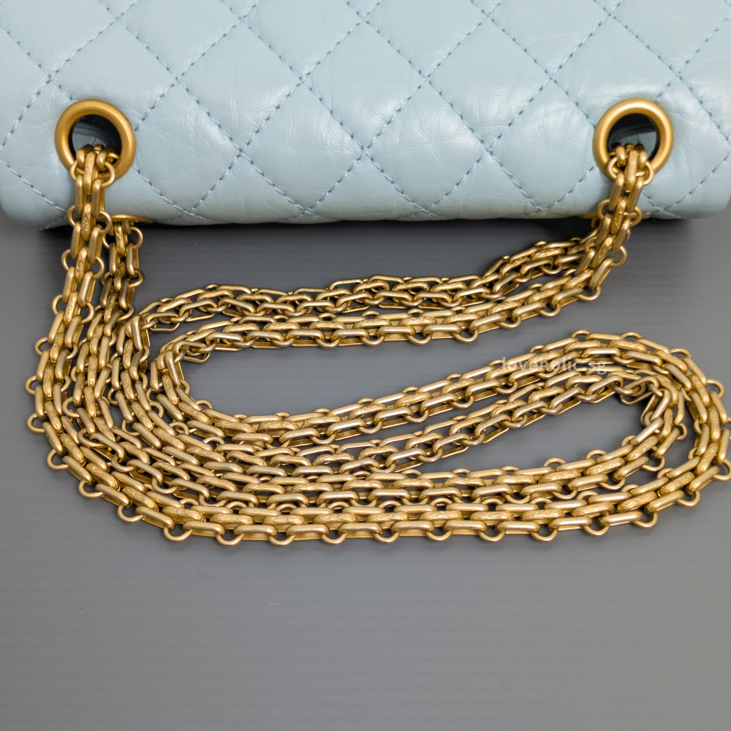 Chanel Reissue 2.55 Mini | Light Blue Calfskin Brushed Gold Hardware-details