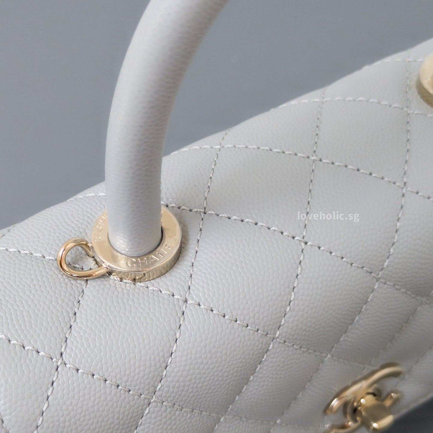 Chanel Coco Handle Small | 24K Grey Caviar Light Gold Hardware-details