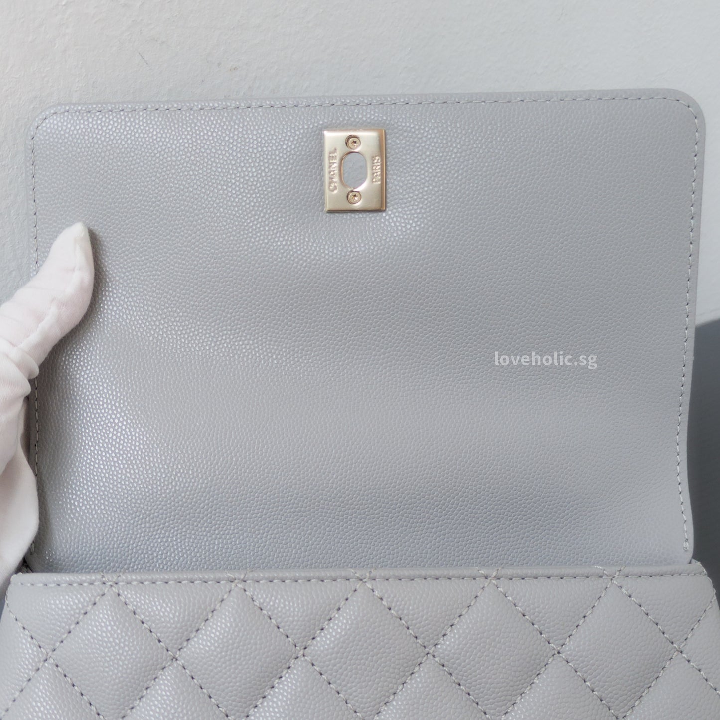 Chanel Coco Handle Small | 24K Grey Caviar Light Gold Hardware-details