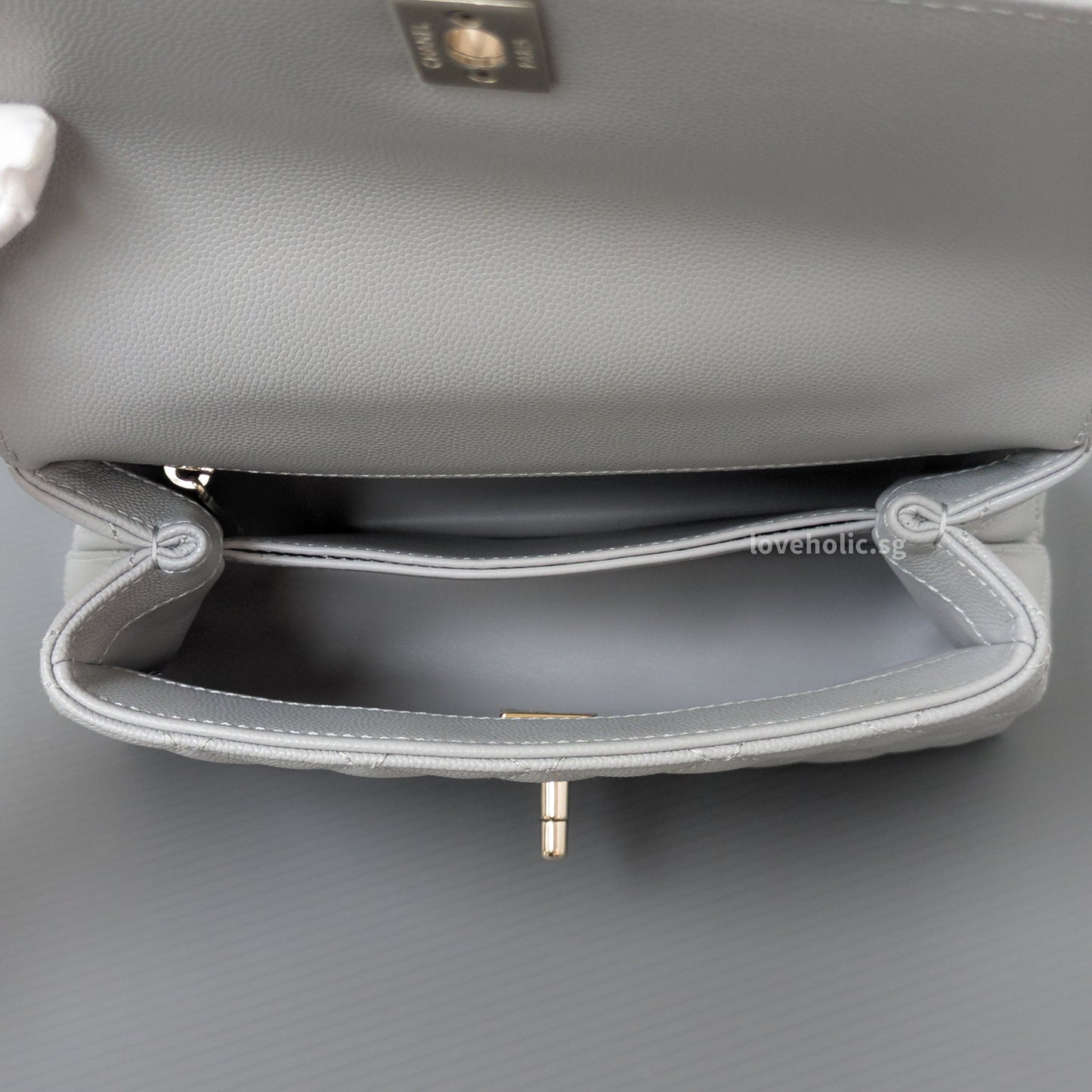 Chanel Coco Handle Small | 24K Grey Caviar Light Gold Hardware-details