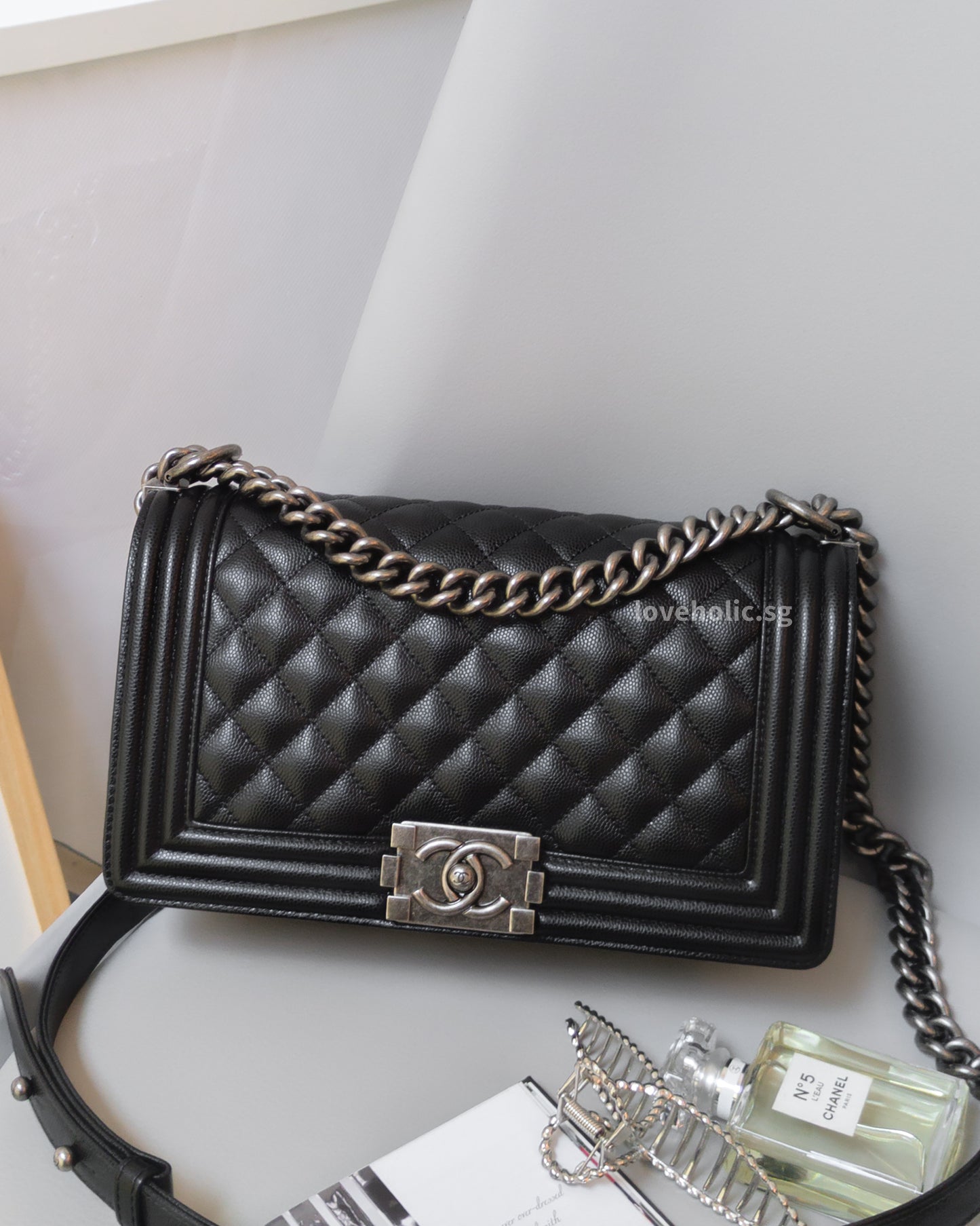 Chanel Boy Medium | Black Caviar Ruthenium Hardware-front