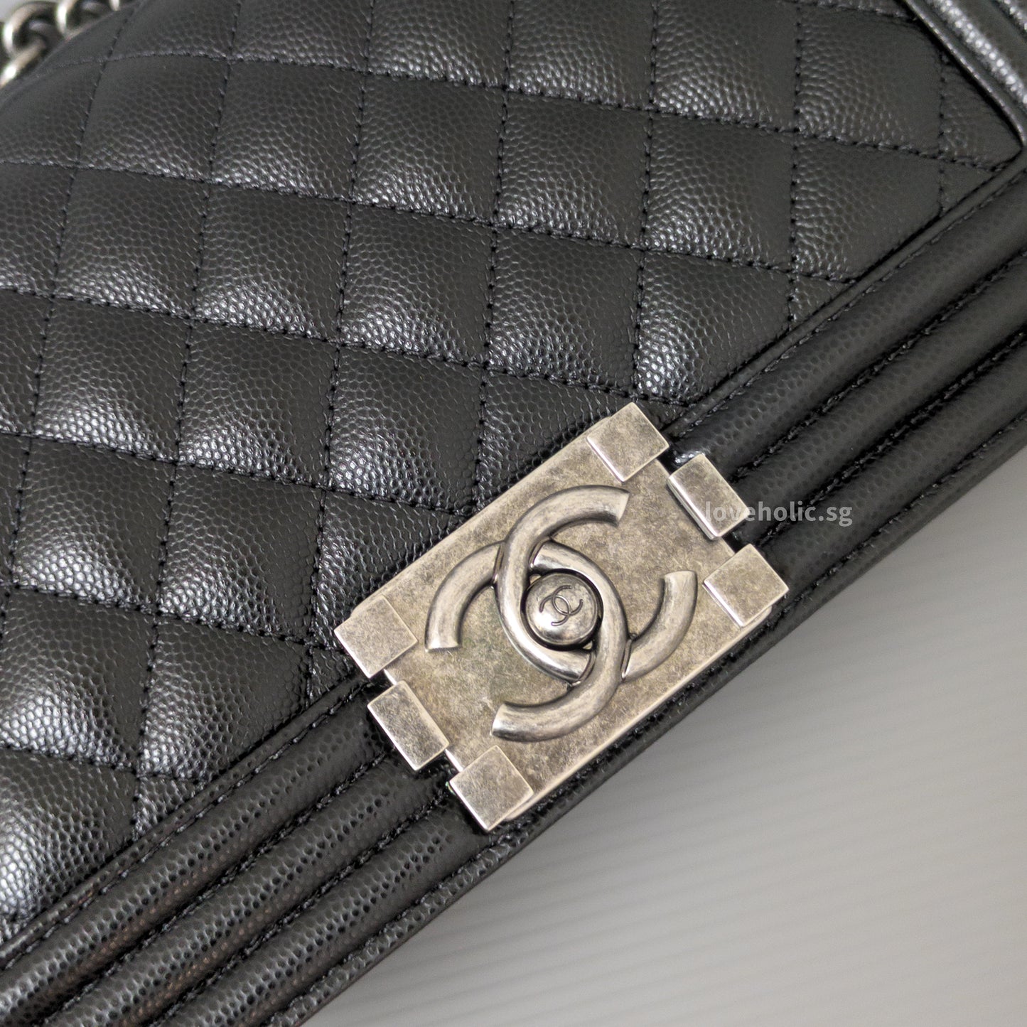 Chanel Boy Medium | Black Caviar Ruthenium Hardware-details