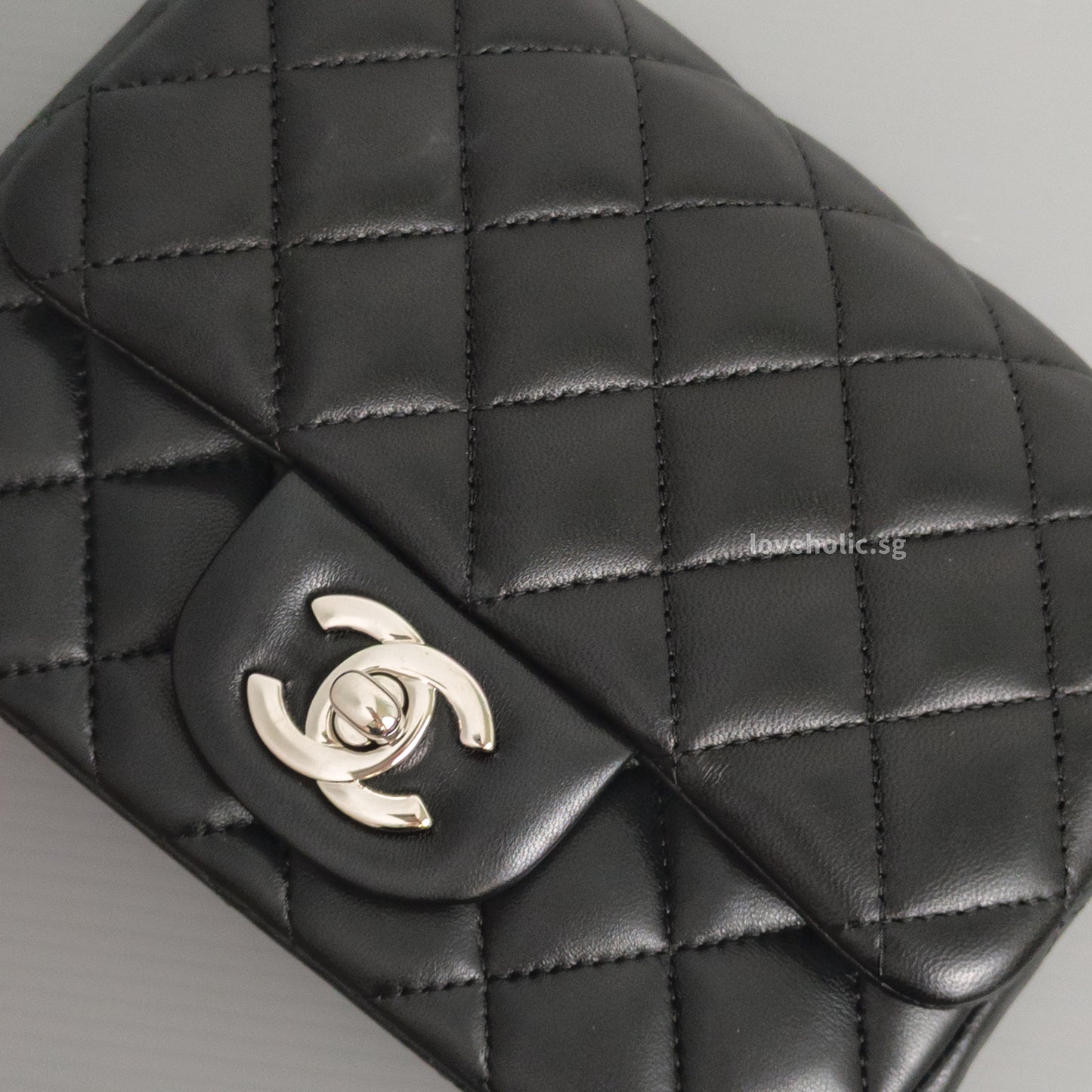 Chanel Classic Flap Mini Square | Black Lambskin Silver Hardware-details