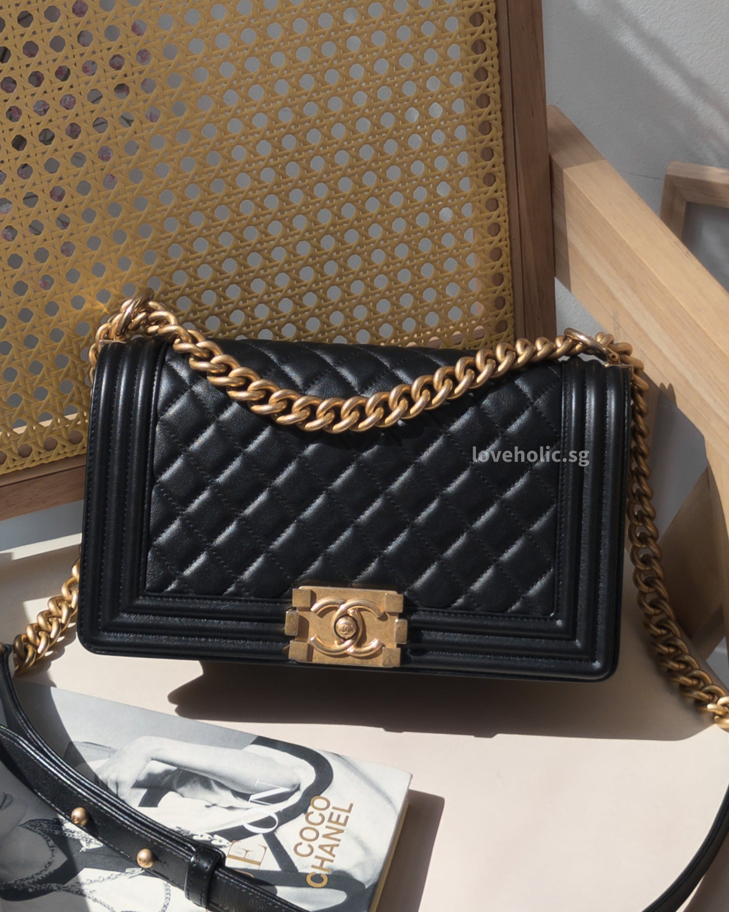Boy Old Medium | Black Lambskin Brushed Gold Hardware