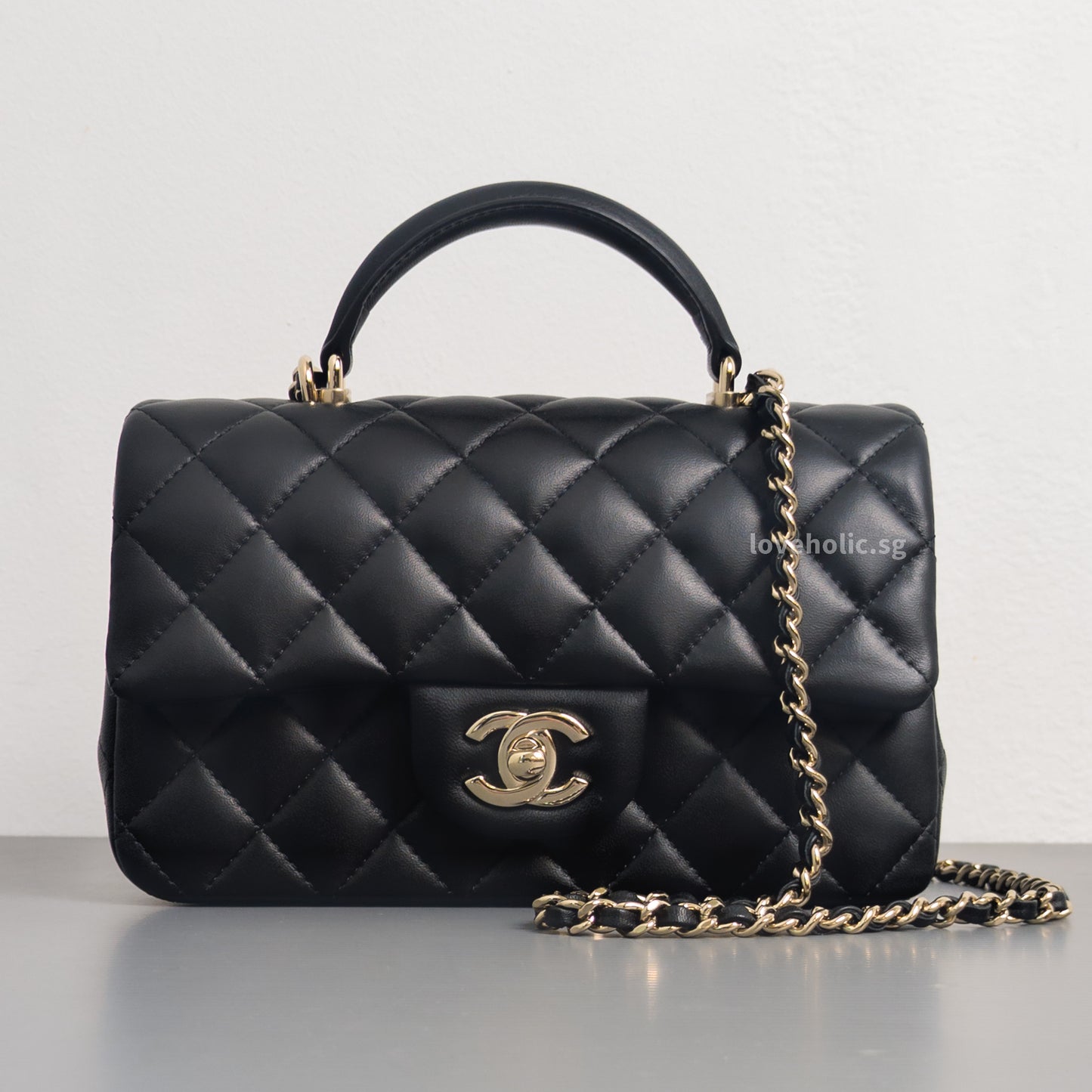 Mini Rectangle with Top Handle Black Lambskin Light Gold Hardware