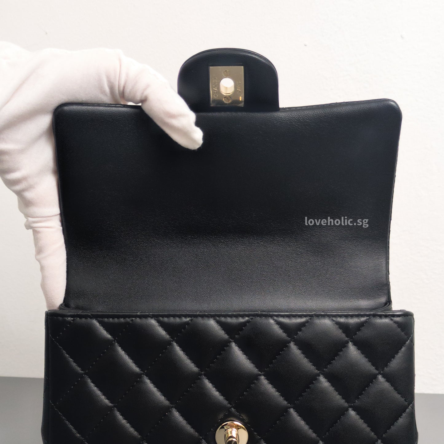 Mini Rectangle with Top Handle Black Lambskin Light Gold Hardware