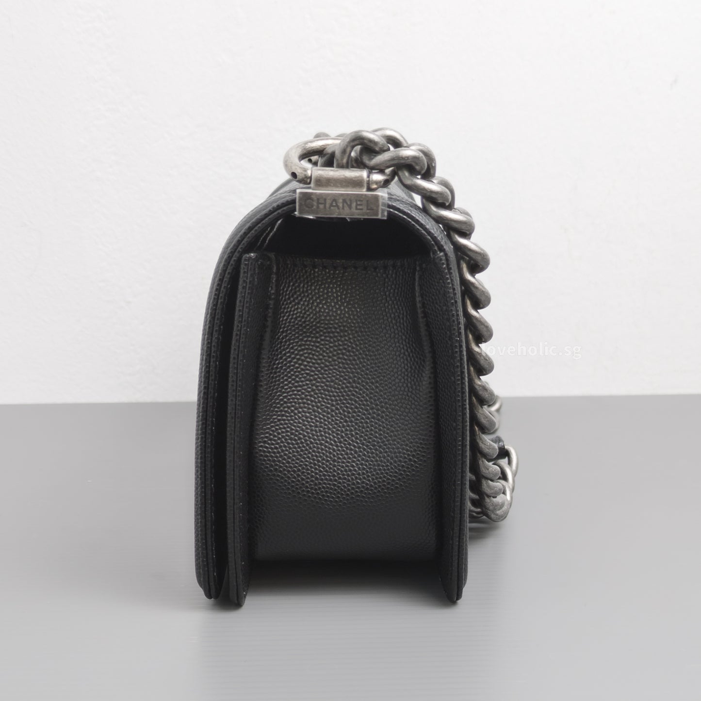 Chanel Boy Small | Black Caviar Ruthenium Hardware-side