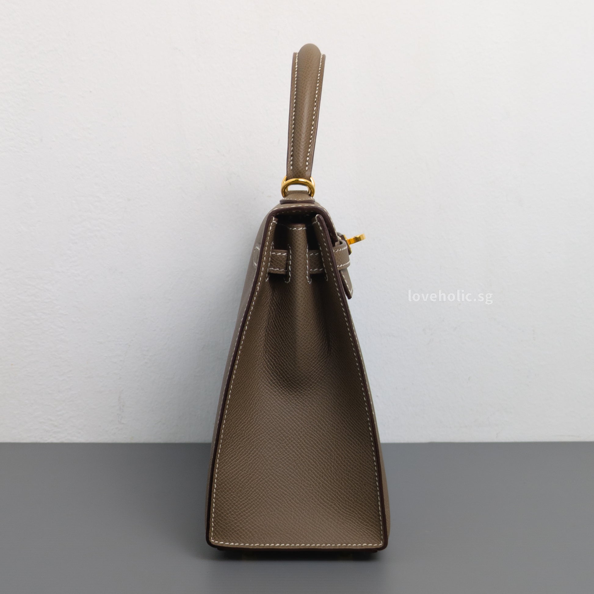 Hermes Kelly Sellier 25 | Etoupe Epsom Gold Hardware-side
