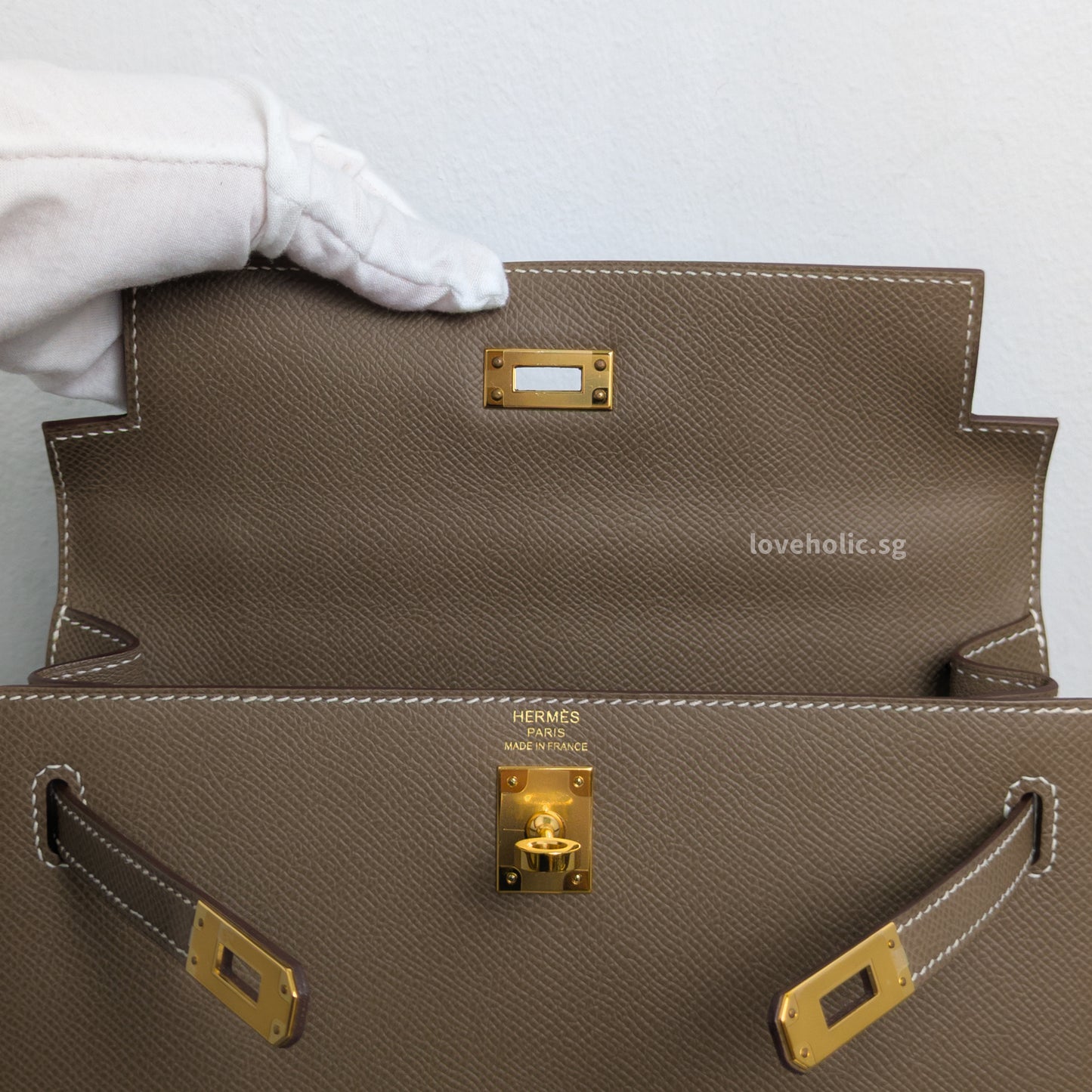 Hermes Kelly Sellier 25 | Etoupe Epsom Gold Hardware-details