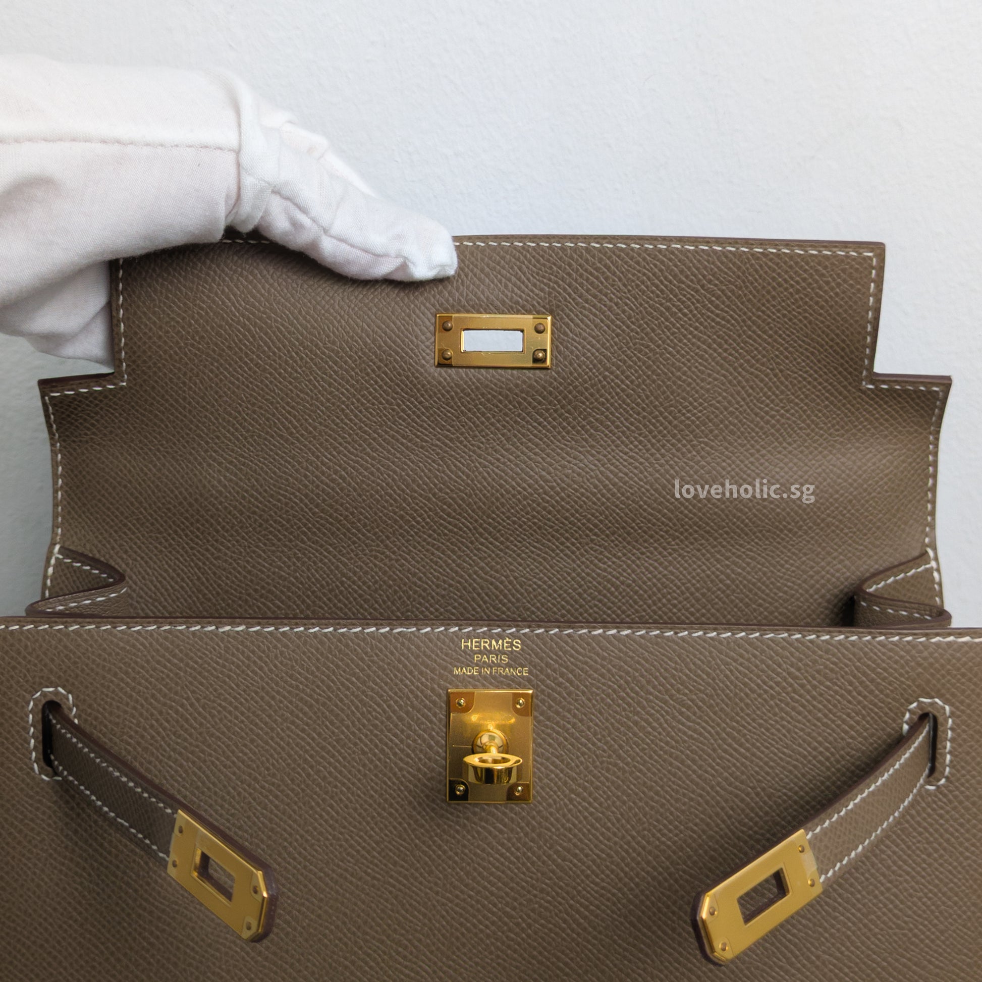 Hermes Kelly Sellier 25 | Etoupe Epsom Gold Hardware-details