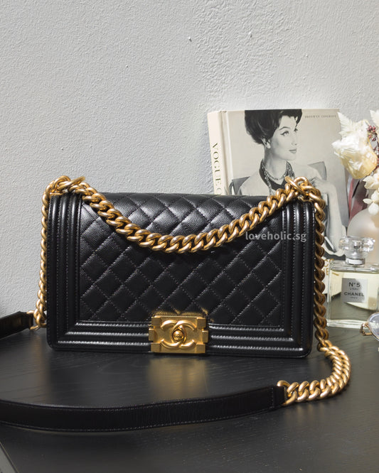 Chanel Boy Old Medium | Black Caviar Brushed Gold Hardware-front