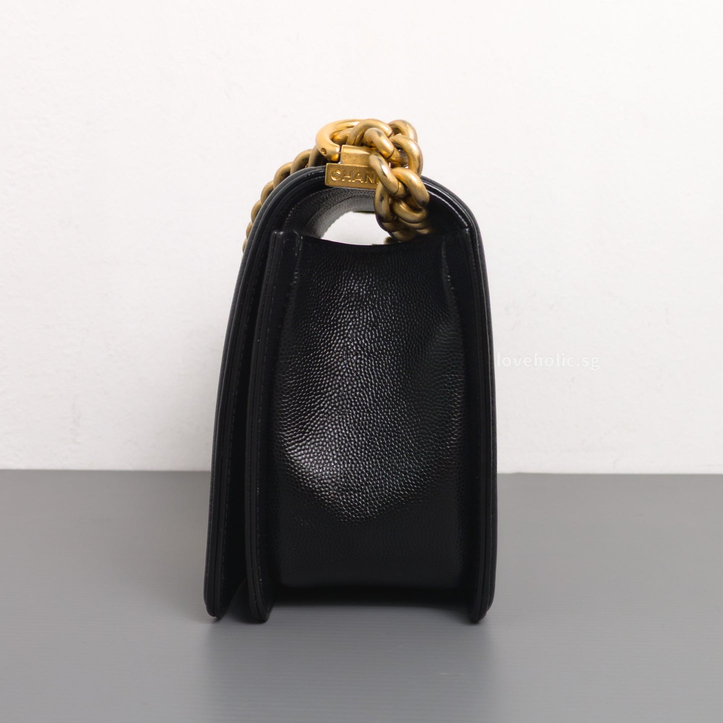 Chanel Boy Old Medium | Black Caviar Brushed Gold Hardware-side