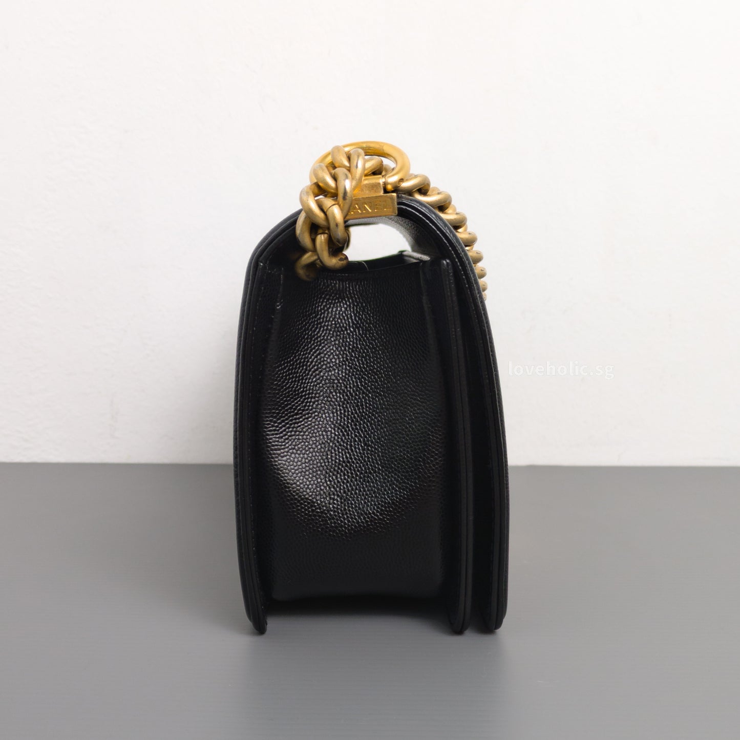 Chanel Boy Old Medium | Black Caviar Brushed Gold Hardware-details