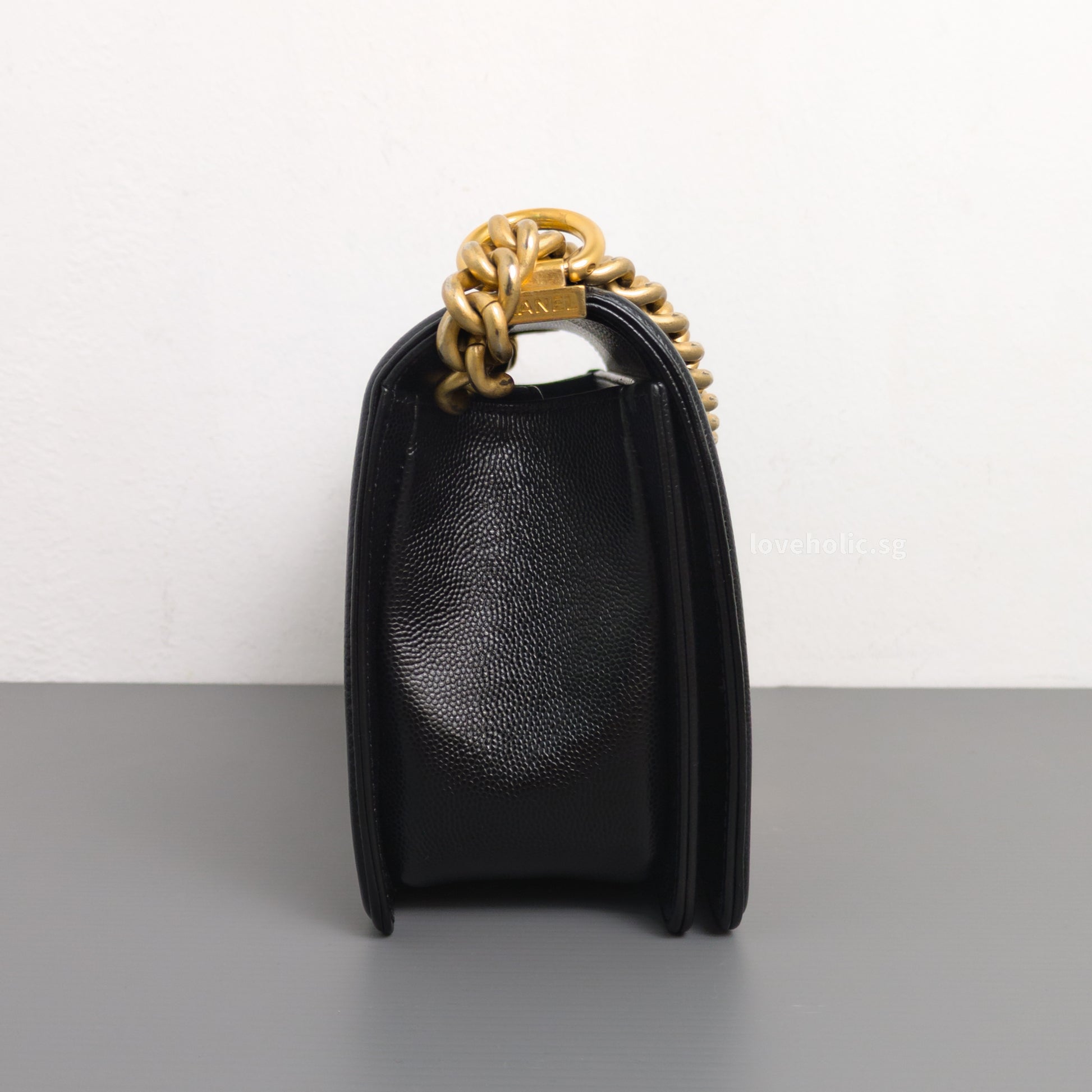 Chanel Boy Old Medium | Black Caviar Brushed Gold Hardware-details