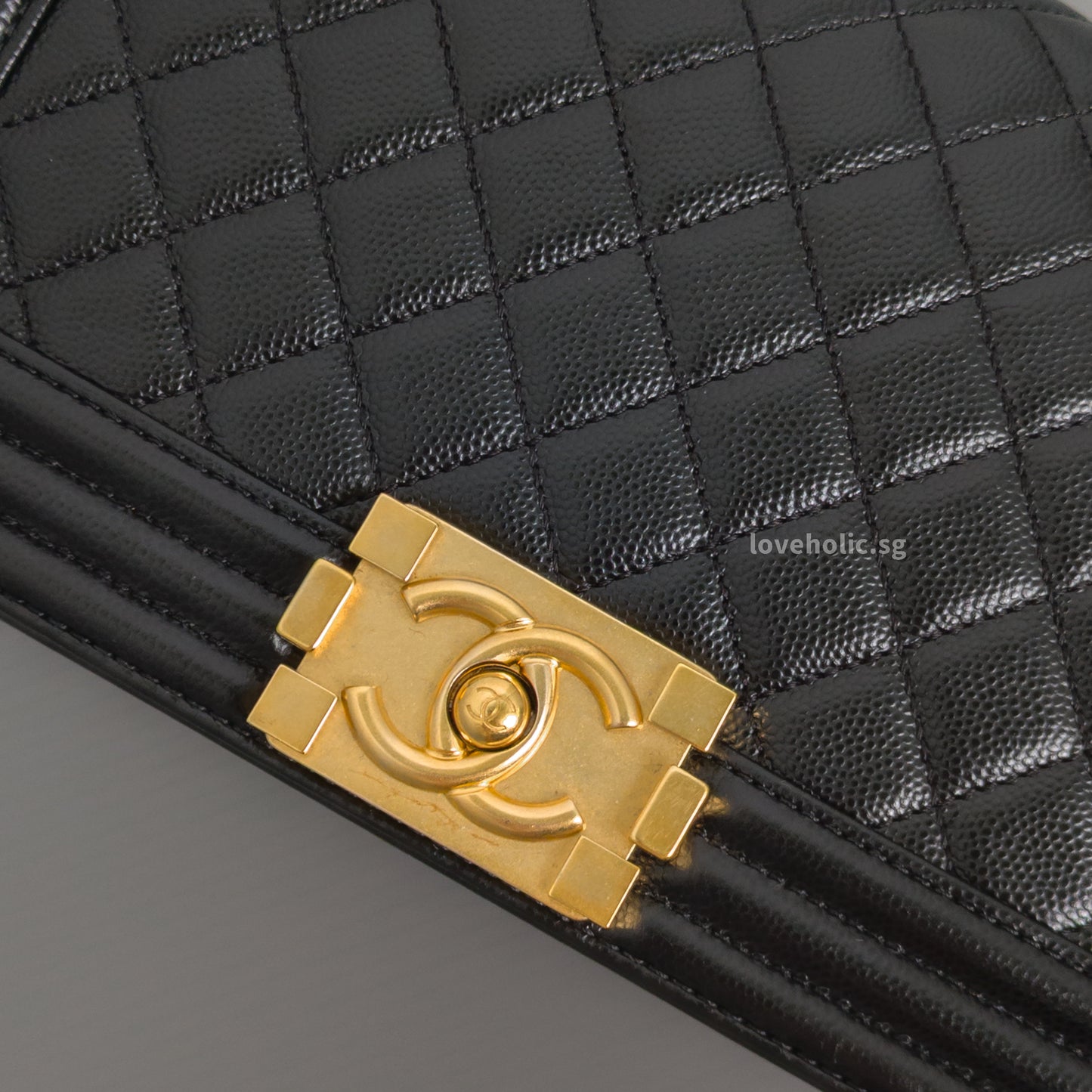 Chanel Boy Old Medium | Black Caviar Brushed Gold Hardware-details
