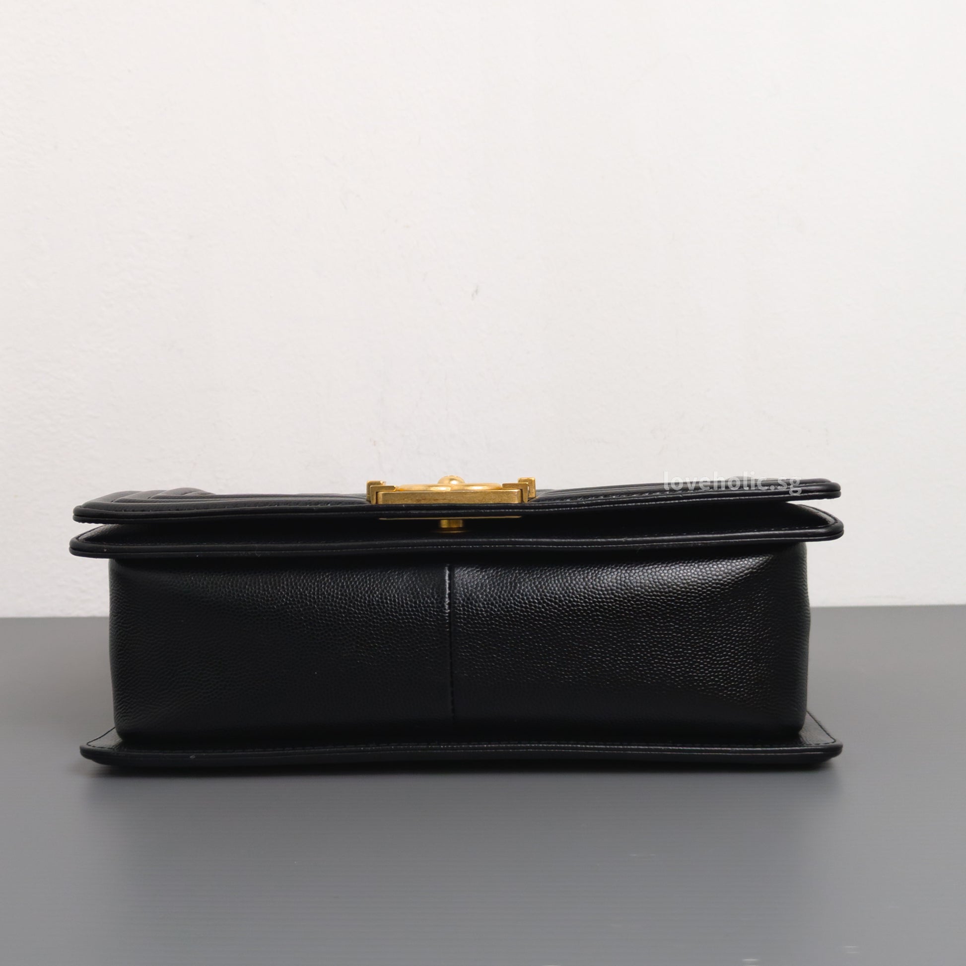 Chanel Boy Old Medium | Black Caviar Brushed Gold Hardware-details