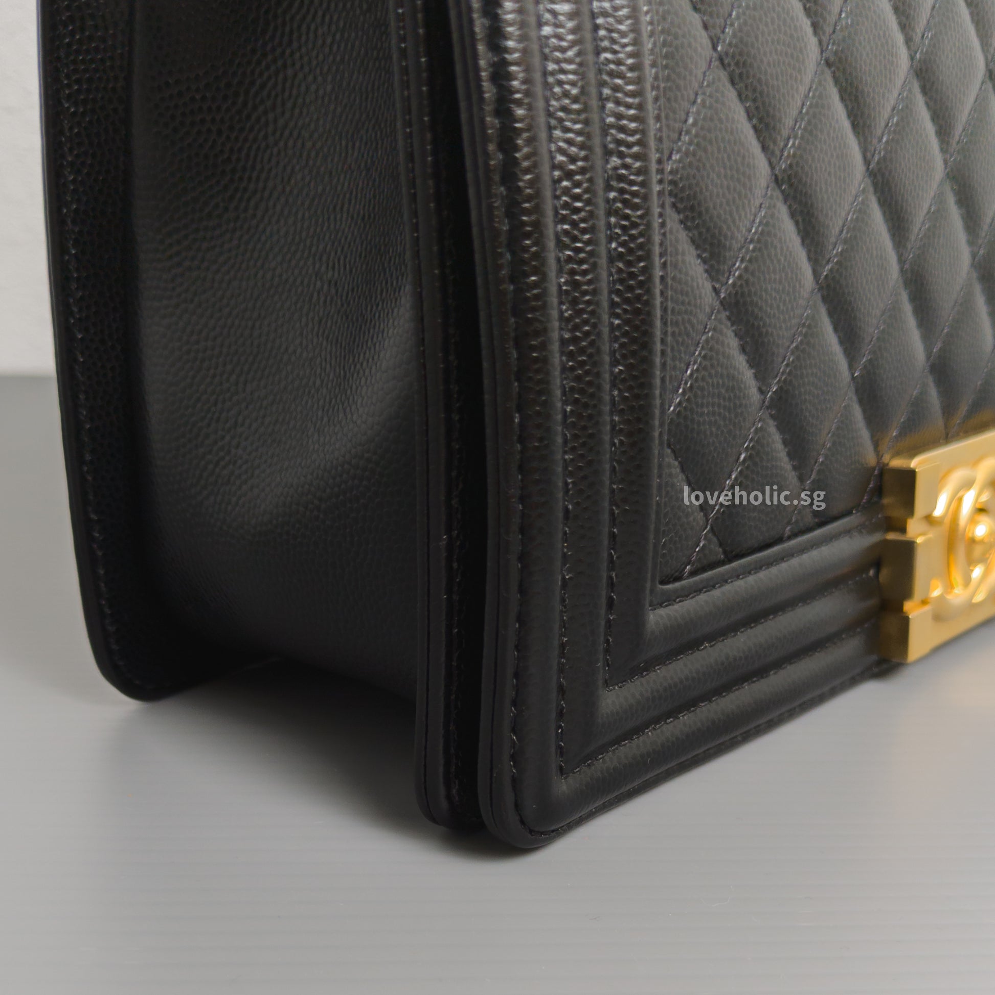 Chanel Boy Old Medium | Black Caviar Brushed Gold Hardware-details