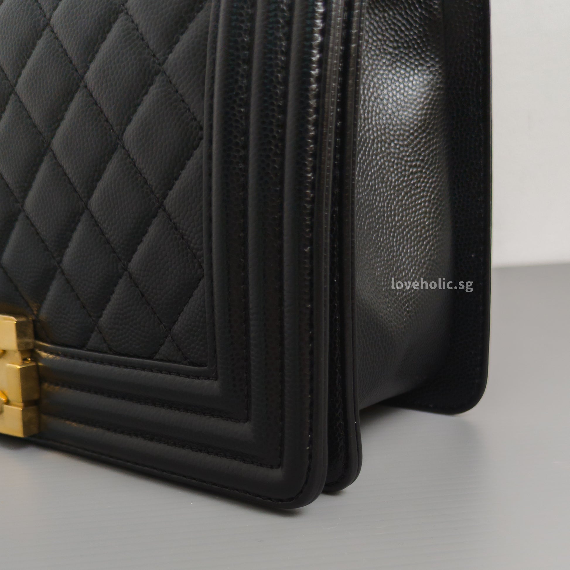 Chanel Boy Old Medium | Black Caviar Brushed Gold Hardware-details