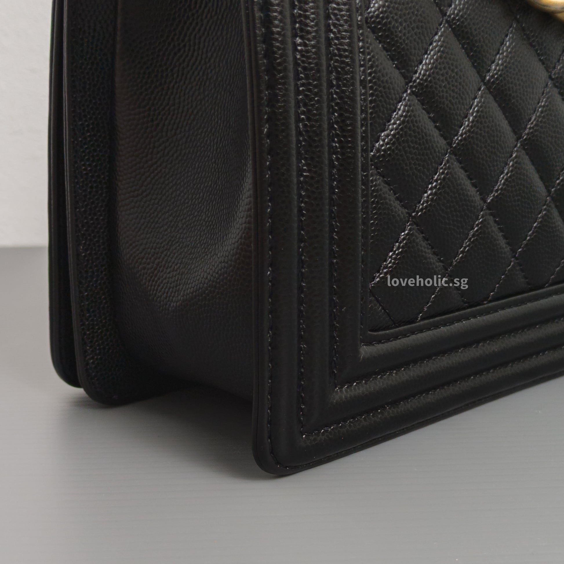 Chanel Boy Old Medium | Black Caviar Brushed Gold Hardware-details