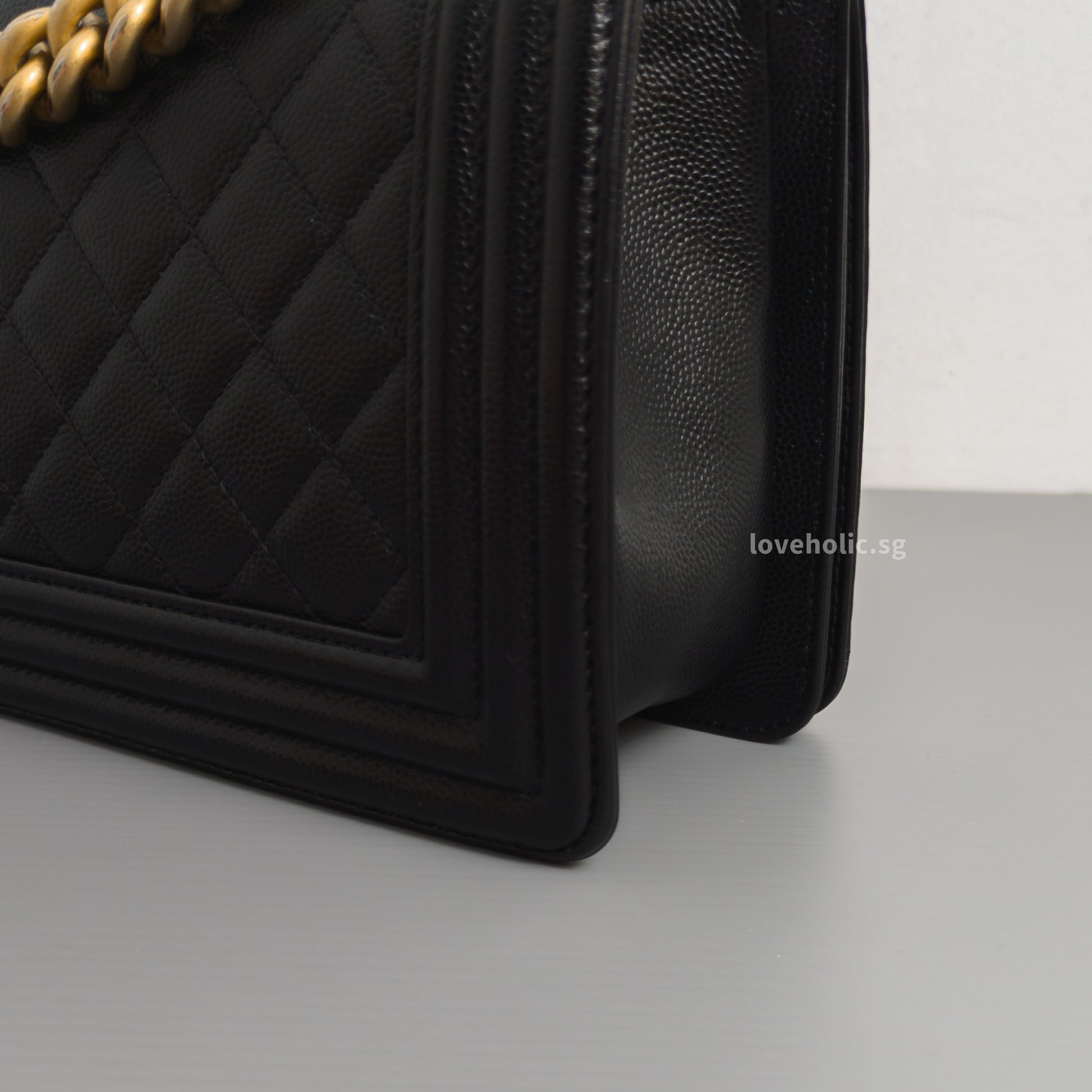 Chanel Boy Old Medium | Black Caviar Brushed Gold Hardware-details