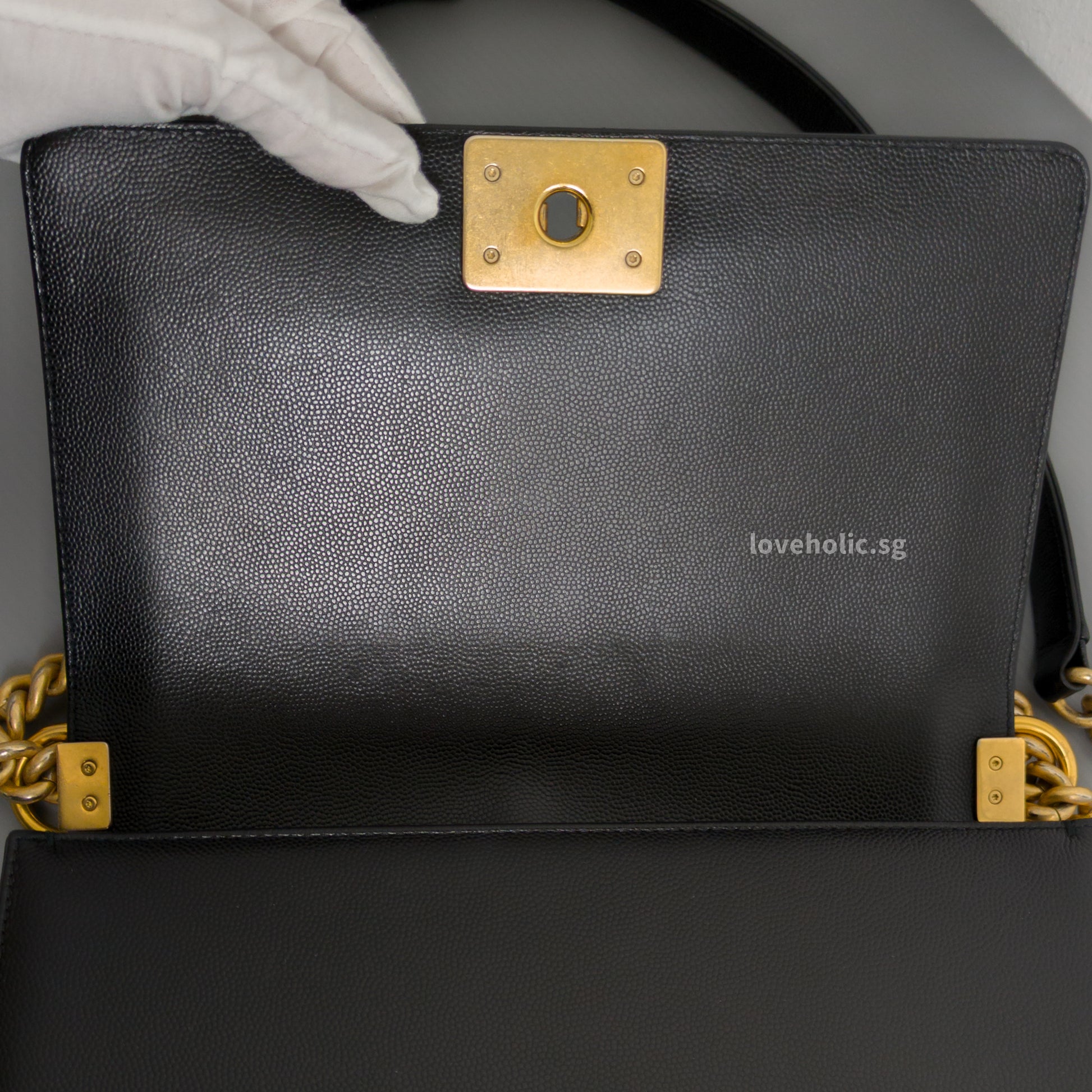 Chanel Boy Old Medium | Black Caviar Brushed Gold Hardware-details