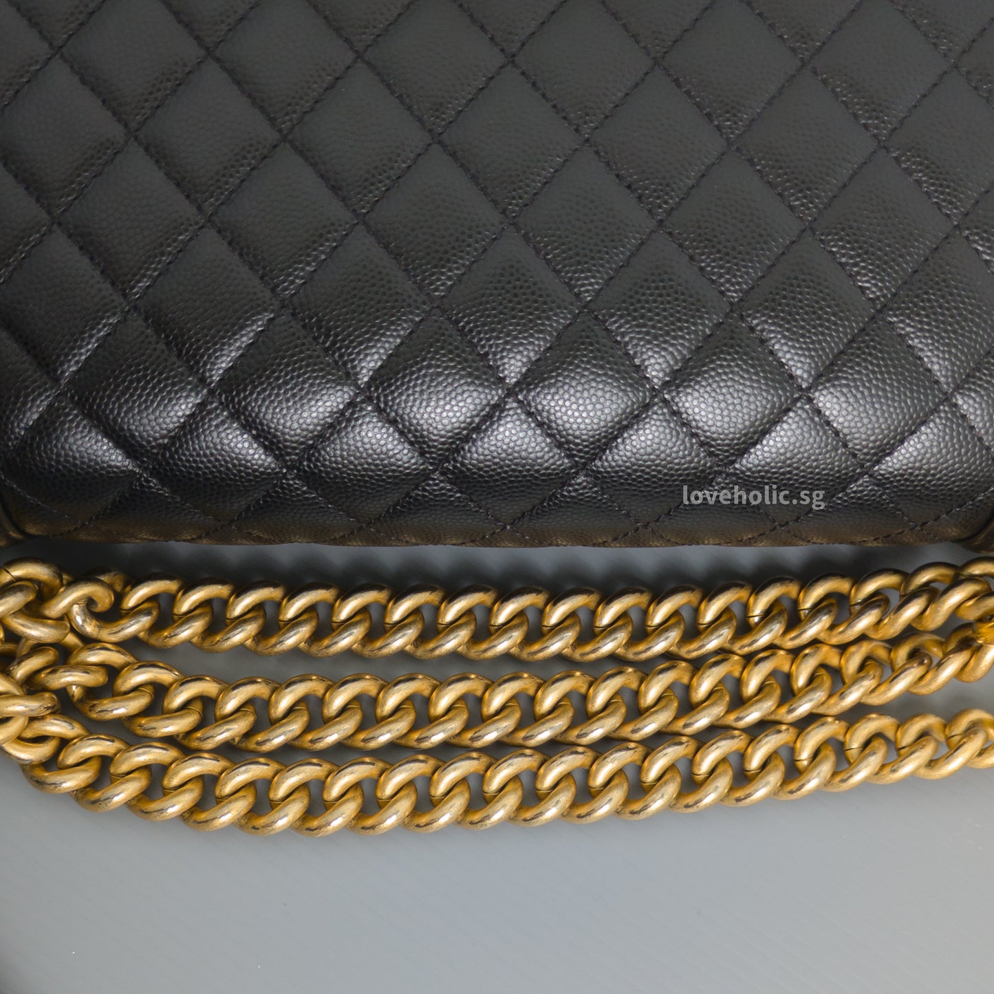 Chanel Boy Old Medium | Black Caviar Brushed Gold Hardware-details