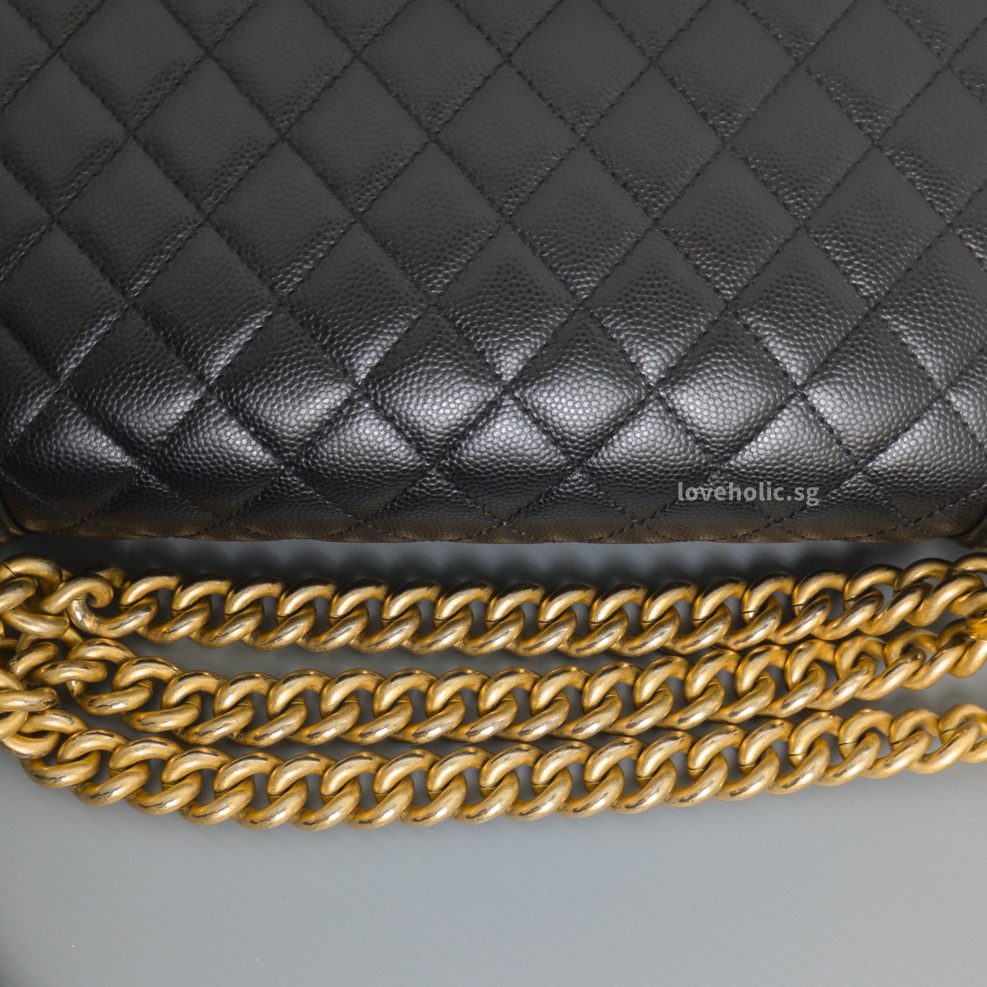 Chanel Boy Old Medium | Black Caviar Brushed Gold Hardware-details