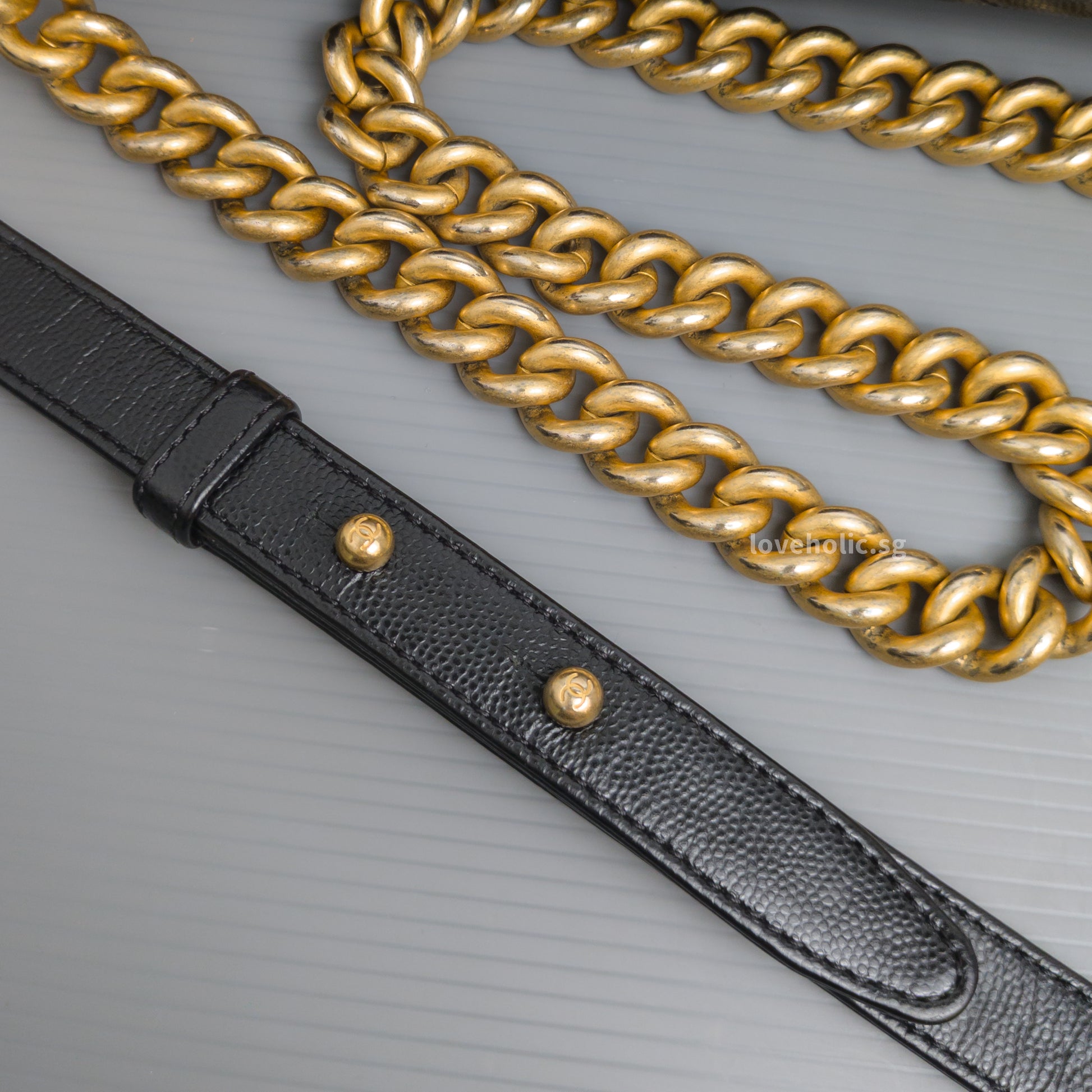 Chanel Boy Old Medium | Black Caviar Brushed Gold Hardware-details