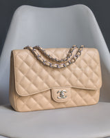 Chanel Single Flap Jumbo Beige Caviar Silver Hardware-front1