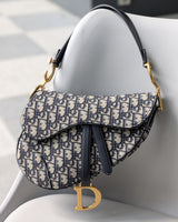Dior Saddle Medium | Blue Jacquard Fabric Brushed Gold Hardware-front1