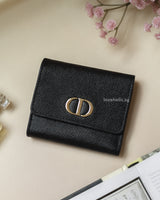 Dior Montaigne 30 Compact Wallet | Black Grained Calfskin Light Gold Hardware-front