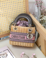 Dior Lady Dior Mini | Pink Grey Natural Wicker Gold Hardware-front