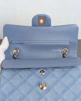 Chanel Classic Flap Small | 22B Light Blue Denim Gold Hardware-details