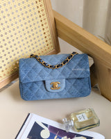 Chanel Classic Flap Mini Rectangle | 24S Blue Denim Brushed Gold Hardware-front
