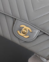 Chanel Classic Flap Chevron Mini Rectangle | Light Grey Lambskin Light Gold Hardware-details