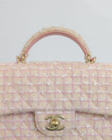 Chanel Mini Rectangle with Top Handle 24P | Tweed Pink Lambskin Light Gold Hardware-details