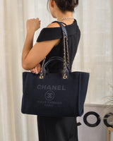 Chanel Deauville Shopping Tote Small | 25S Denim Navy Blue Fabric Light Gold Hardware-model