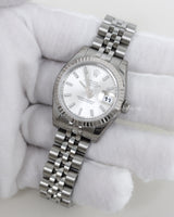 Rolex DateJust 26mm 179174 | with Silver Dial, 18K White Gold Fluted Bezel and Stainless Steel Jubilee Link Bracelet -model