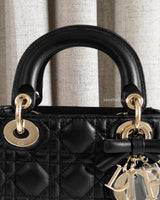 Dior Lady Dior with Chain Mini | Black Lambskin Light Gold Hardware-details