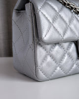 Chanel Reissue 2.55 21A Mini | Metallic Silver Calfskin Ruthenium Hardware-details