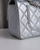 Chanel Reissue 2.55 21A Mini | Metallic Silver Calfskin Ruthenium Hardware-details