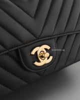Chanel Classic Flap Chevron Mini Rectangle | Black Lambskin Light Gold Hardware-details