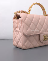 Chanel Seasonal Top Handle Flap Bag Rose Claire Lambskin Brushed Gold Hardware-details