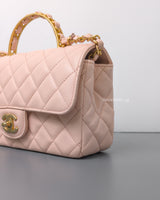Chanel Seasonal Top Handle Flap Bag Rose Claire Lambskin Brushed Gold Hardware-details