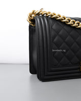 Chanel Boy Old Medium | Black Lambskin Brushed Gold Hardware-details