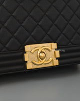 Chanel Boy Old Medium | Black Caviar Brushed Gold Hardware-details