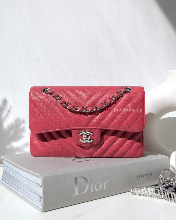 Chanel Classic Flap Chervon Small | 18C Raspberry red Caviar Silver Hardware
