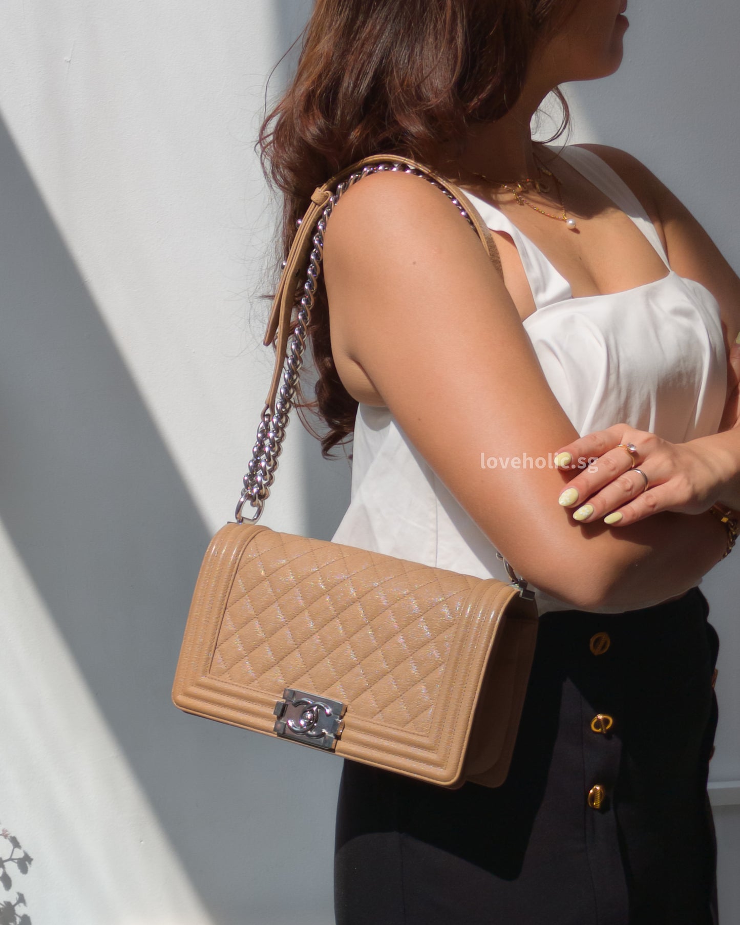 Chanel Boy Old Medium | Beige Caviar Silver Hardware-model