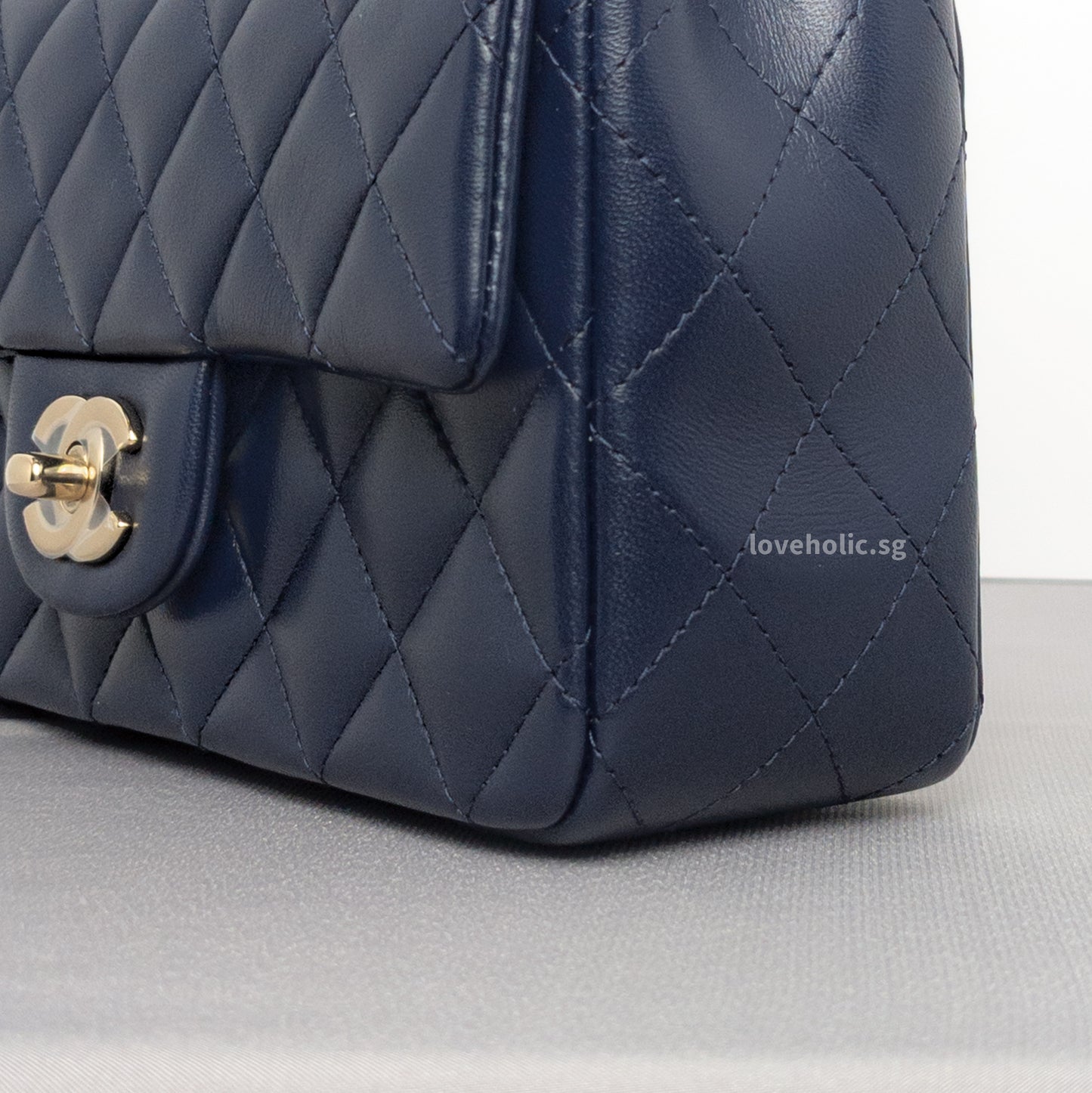 Mini Rectangle with Top Handle 24P Navy Lambskin Light Gold Hardware
