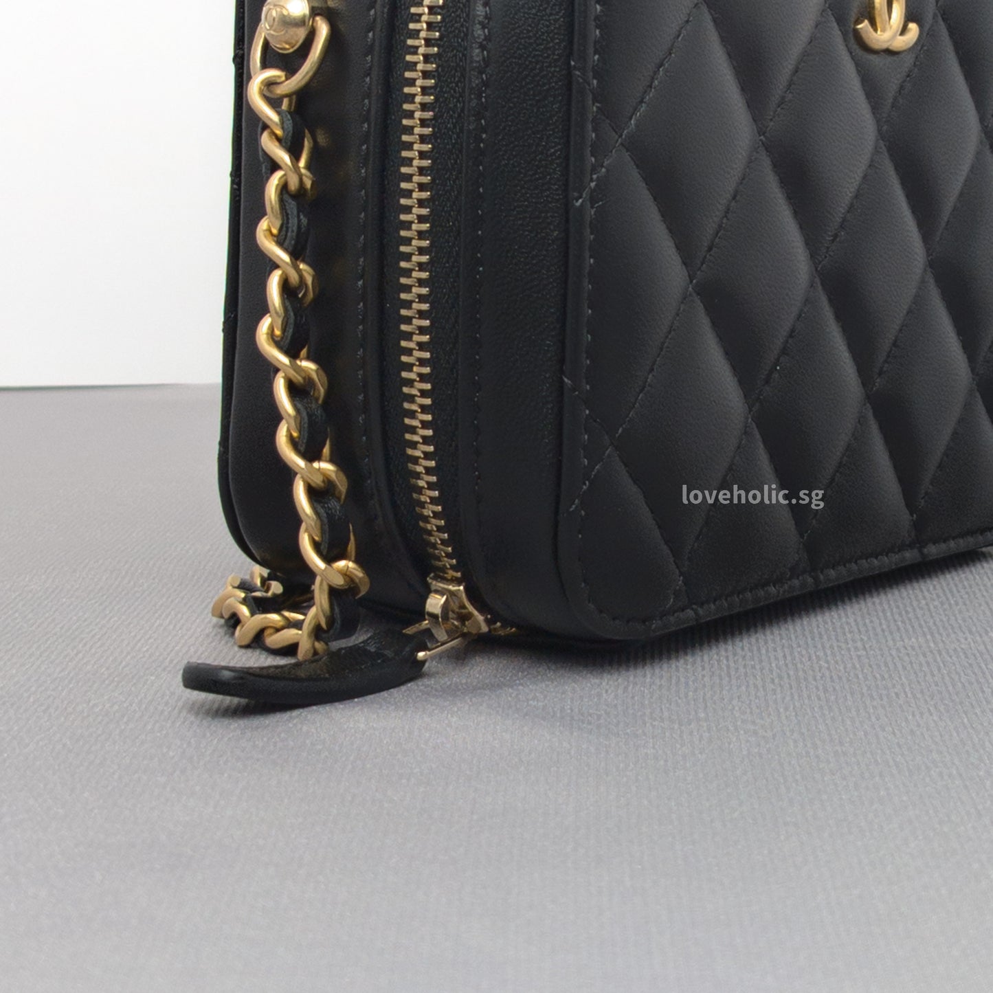 Camera Bag Mini with Pearl Crush | Black Lambskin Brushed Gold Hardware
